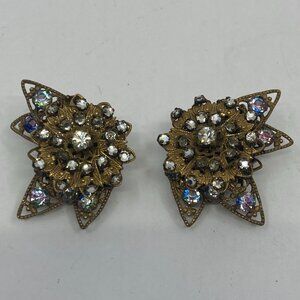 Vtg Stanley Hagler brass filigree rhinestone earrings